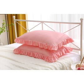 Meaning4 Egyptian Cotton Ruffles Pillow Shams Pink Queen Size 2Pieces 20x30 inch Soft Thick
