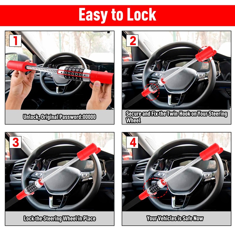 Afurkuot Car Steering Wheel Lock Car Lock Adjustable Length Safety