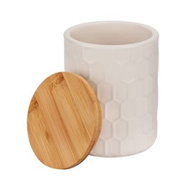 WENKO Maya Storage Tin Made of High-Quality White Ceramic with Honeycomb Structure, Dishwasher-Safe Tin with Airtight Lid Made of Bamboo, FSC® Certified, 400 ml, Diameter 9.5 x 12 cm