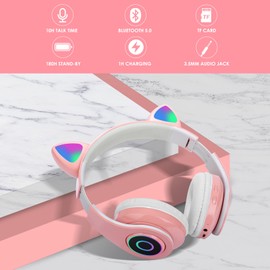 Sendowtek Bluetooth Kopfhörer Kinder Mädchen Over Ear Katzenohr Kopfhörer LED-licht Faltbare Kabellos Kopfhörer für Kinder Erwachsener für Tablet/PC/Phone