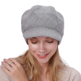 Muryobao Women Winter Warm Hat Slouchy Cable Knit Visor Crochet Beanie Hats Snow Ski Skull Cap with Brim Grey