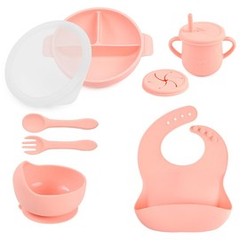 Joline Designs Silicone Baby Feeding Set - Perfect silicone plates for baby & Toddler Plates with lid, Baby Bowls with Suction, Baby Utensils - Baby Led Weaning Supplies & Eating Essentials - (Peach)