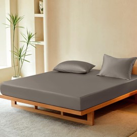 THXSILK Luxury Mulberry Silk Fitted Sheet Set 3 Pcs, King Silk Bed Sheet Set with 16" Deep Pockets, Soft & Cooling Sheets, 1 Fitted Sheet, 2 Pillowcases with Zipper Closure - Charcoal