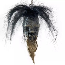 Shrunken Head with Hair Metal Stand Oddity Magic Ritual Voodoo Witchcraft Witch