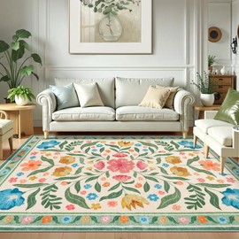 Anidaroel Floral Living Room Rug, Boho Area Rugs 5x7 Rug for Bedroom Non-Slip Soft Rug, Stain Resistant Low Pile Dining Room Rugs Under Table Carpet for Nursery Kids Playroom Dorm, Green