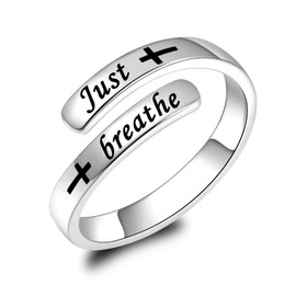 Just Breathe Cross Ring 925 Sterling Silver Adjustable Rings Inspirational Jewelry Anti-anxiety Mood Gifts for Women