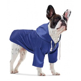 Stylish Premium Yellow Zip Up Dog Raincoat - Reflective Buttons, Pockets, Rain Resistant, Adjustable Drawstring - Blue - XL