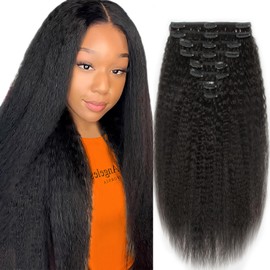 Kinky Straight Clip in Hair Extensions Real Human Hair 18 Inch Kinky Straight Clip ins for Women Brazilian Remy Human Hair Extensions 8pcs 100g Per Set with 18 Clips Double Weft Natural Black