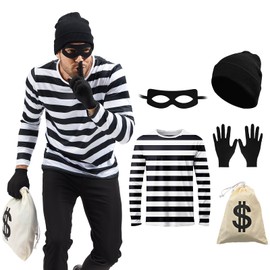 QPAXUCR - Juego de 5 piezas de disfraz de ladrón, playera de rayas blancas y negras con máscara, guantes, bolsa, gorro para Halloween (S)