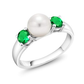 Gem Stone King 925 Sterling Silver Freshwater Pearl and Green Nano Emerald Ring For Women (0.80 Cttw, Gemstone May Birthstone, Size 8)