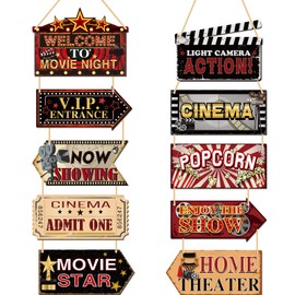 10 Pieces Wooden Movie Theater Decor Hanging Vintage Theater Room Decor Classic Home Theater Decor Rustic Movie Room Accessories Wood Movie Living Room Decor for Cinema Theme Wall Art Signs Plaque