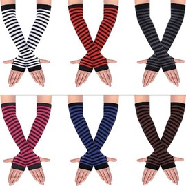 6 Pairs Long Fingerless Gloves for Women Knit High Striped Arm Warmer Thumb Hole Stretchy Gloves (Multiple colors, One size)