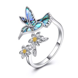 AXOMY Hummingbird Ring 925 Sterling Silver Abalone Shell Hummingbird Flower Ring Hummingbird Jewelry Gifts for Women Mom Hummingbirds Lovers, 8, Sterling Silver, No Gemstone