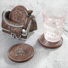 BLACK FOREST DECOR Tooled Leather Saddle Coaster Set with Holder