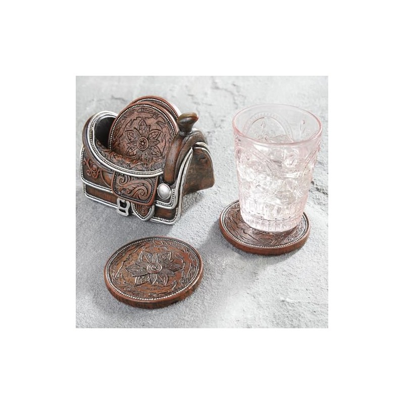 BLACK FOREST DECOR Tooled Leather Saddle Coaster Set with Holder