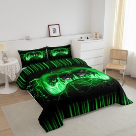 Feelyou Kids Gamer Full Bedding Set,Green and Black Gaming Comforter Set,Teens Boys Bedroom Room Decor,Game Contoller Ombre Comforter,Geometric Lightnings Fire Bed Set for All Season