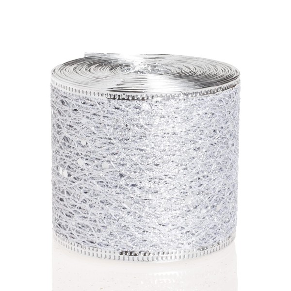 YASEO Silver Sparkling Glitter Mesh Ribbon, Christmas Wired Edge Ribbon