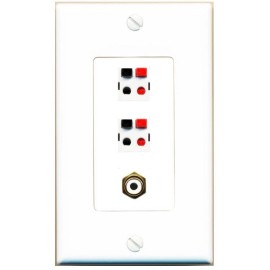RiteAV 2 Port Speaker Wire Plug Jack Wall Plate+RCA for Subwoofer 1 Gang [White]