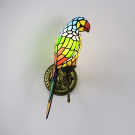 errzom Parrot Wall Sconce Tiffany Style Blue Yellow Red Stained Glass Shade Long Tail Parrot Decoration Wall Light Fixture for Bedroom,Hallway,Entryway,B