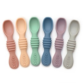 PrimaStella Silicone Chew Spoon Set for Babies and Toddlers - Safety Tested - BPA Free - Microwave, Dishwasher and Freezer Safe - Earth Shades