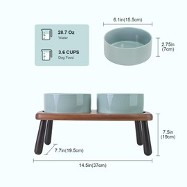 SPUNKYJUNKY Ceramic Elevated Dog Bowls Raised with Acacia Bamboo Wooden Stand, 6.1'' Dog Cat Food Water Bowls Set Non-Slip for Small Medium Sized Breed Microwave Dishwasher Safe - 28.7 OZ,Light Green