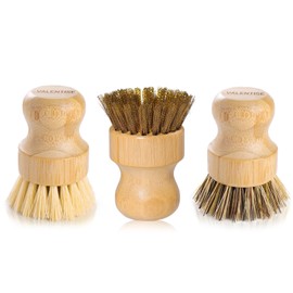 VALENTISE Bamboo Dish Brush Set, 3 Pcs Wooden Scrubber, Brass Brush and Pot Brush with Sisal and Palm for Cleaning Vegetables, Pots and Ovens