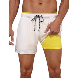 unitop Swim Trunks with Compression Liner Quick Dry 2 in 1 Bathing Suit Beach Board Shorts with Zipper Pockets Light Yellow 36