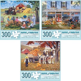 Bits and Pieces – Value Set of Three Large 300 Piece Jigsaw Puzzles for Adults – Farming Collection Jigsaw Puzzles by Artist John Sloane, Completed Puzzle Size: 18" x 24"