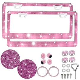 Pink Bling License Plate Frame 2 Pack Rhinestone License Plate Frame Car License Plate Frame Sparkly License Plate Frame Holder Bedazzled Glitter License Plate Frame Universal Fit Car Front Rear