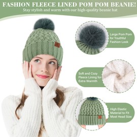 Winter Women's Hat with Bobble Long Scarf Touchscreen Gloves Set Warm Beanie Winter Hat Knitted Hat Fleece Lined Winter Gloves Scarves for Women Gift, mint green