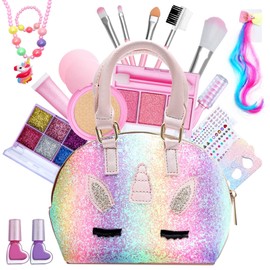 Girls Makeup Kit for Kids, Unicorn Rainbow Travel Bag, Non Toxic, Washable Make Up Set for Little Girls Children Princess Christmas Birthday Gifts, Princess Toys for Girls Age 4 5 6 7 8 9 10 Year Old