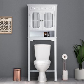 Teamson Home Lisbon Over the Toilet Wooden Space Saver Bathroom Storage Cabinet with 1 Adjustable Interior Shelf 3 Storage Spaces and 2 Drapery-Lined Curtained Doors, White