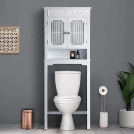 Teamson Home Lisbon Over the Toilet Wooden Space Saver Bathroom Storage Cabinet with 1 Adjustable Interior Shelf 3 Storage Spaces and 2 Drapery-Lined Curtained Doors, White