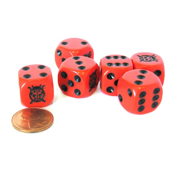 Set of 6 Ladybug 16mm D6 Round Edged Koplow Animal Dice - Red with Black Pips by Koplow Games