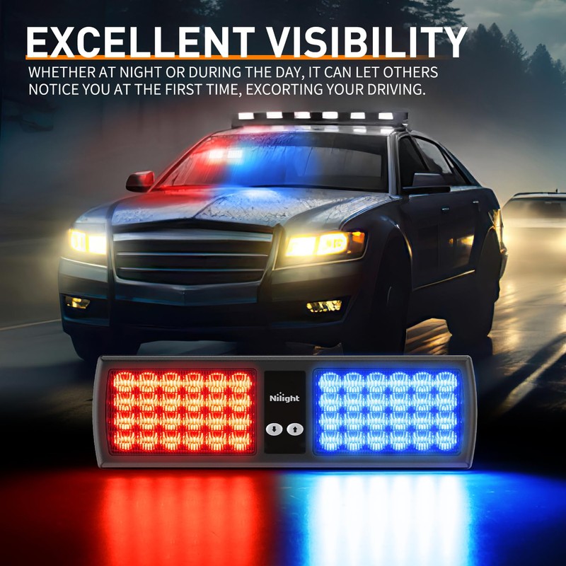 Nilight Red Blue 48LED Visor Strobe Lights Interior Windshield Emergency
