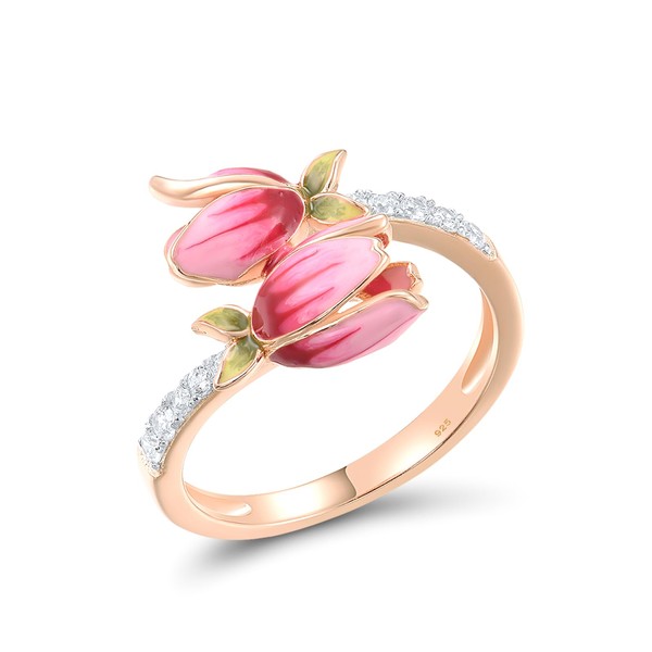 Santuzza 925 Sterling Silver Pink Enamel Tulip Ring White Cubic