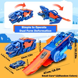 Felicify Dinosaur Truck, Transport Truck Toys, Toy Car Transporter, Transport Dinosaur Truck with Foldable Sliding, with 12 Die-Cast Car Toys, Transporter Playset for Kids Age 3+ (Blue)