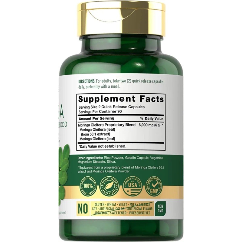 Moringa Oleifera 6000 Mg 180 Capsulas Super Alimento Sabor Sin