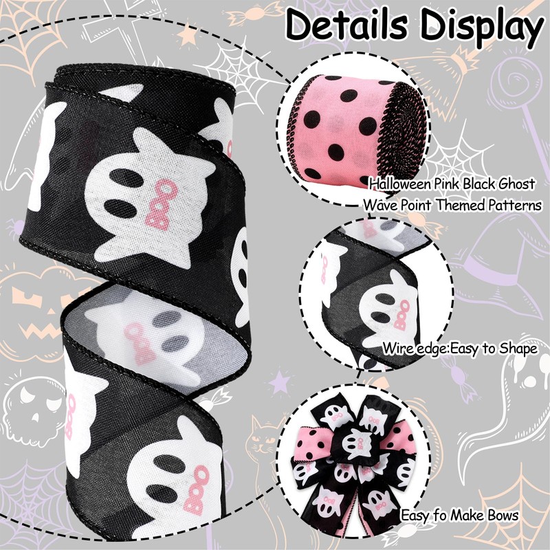 JarThenaAMCS 2 Roll Halloween Wired Edge Ribbon Ghost Boo Polka
