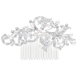 Peine para el cabello con perlas de cristal austriaco para mujer, accesorios para el cabello, estilo Art Deco floral, peines laterales para novia, accesorios para el cabello de novias, caja de regalo, color plateado