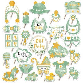 CheeseandU 25Pcs Shower Party Photo Booth Props Kits Greenery Baby Shower Selfie Props with Sticks for Baby Shower Accessories Newborn Girl Gift Party Supplies