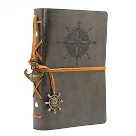 EvZ Leather Writing Journal Notebook, 7 Inches Vintage Nautical Spiral Blank String Diary Notepad Sketchbook Travel to Write in, Unlined Paper, Retro Pendants, Classic Embossed, Grey
