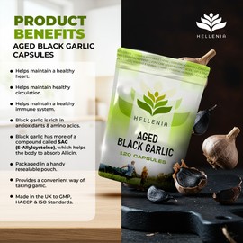 Aged Black Garlic 12,000mg - 120 Capsules | Black Garlic Bulb Extract 100:1 | Aged for Over 6 Months | Antioxidant and Cholesterol Support | Gluten Free - Made in The UK by Hellenia