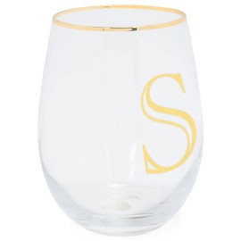 Mary Square Monogrammed S Gold Foil 16 ounce Glass Stemless Wine Glass Set of 2
