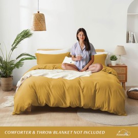 ALAZURIA Queen Size Duvet Cover - 3 Piece Bedding Set (1 Duvet Cover & 2 Pillow Shams) Soft Double Brushed Comforter Cover w/Zipper Closure & Corner Ties - No Comforter (90" X 90", Golden Yellow)