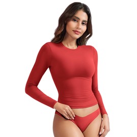 YEOREO Long Sleeve Shirts for Women y2k Tops Double Lined Basic Tee Crew Neck Going Out Sweeney Workout Undershirt Red M