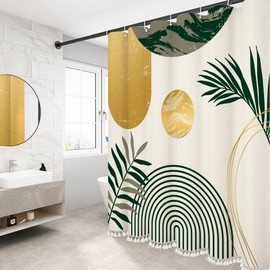 GiuMsi Boho Mid Century Leaf Shower Curtain Set,Arch Sun Design,Minimalistic Leaves Pattern,Waterproof and Luxurious Fabric-12 Hooks(Sage Green-72" x 84")