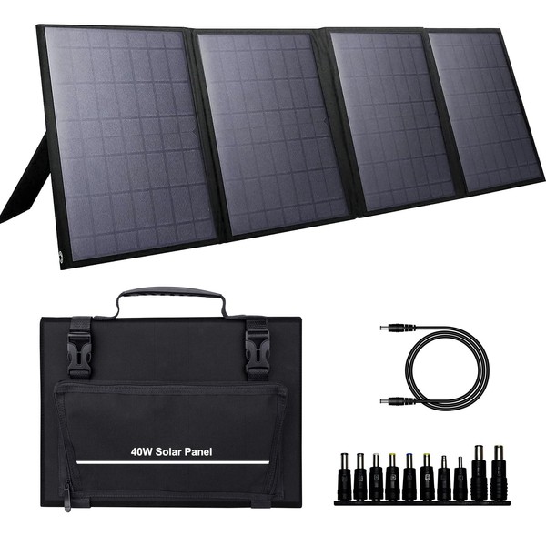 Portable Solar Panel 40W,Foldable Solar Charger for Outdoor Solar Power Generator,Adjustable Kickstand,10 in 1 Connectors,DC to DC Cable,USB QC3.0 Output for Camping RV Road Trip Adventure