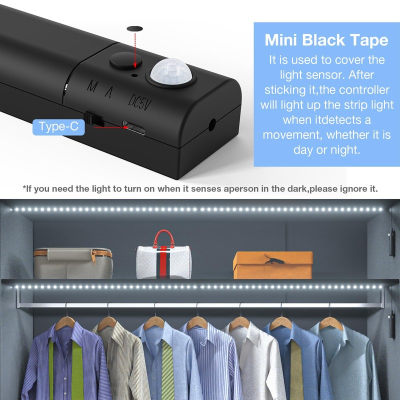 WOBANE Dual Motion Sensor Light Strip, Rechargeable 16.4ft LED Lighting,