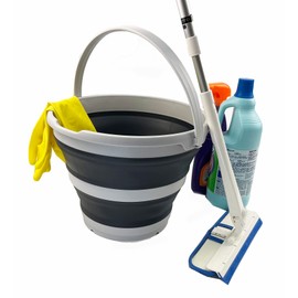 SAMMART 10L (2.6 Gallon) Collapsible Plastic Round Bucket - Foldable Round Tub with Handle- Portable Fishing Water Pail - Pop Up Saving Outdoor Waterpot, Dia.: 13 inches (Grey/Charcoal Black)